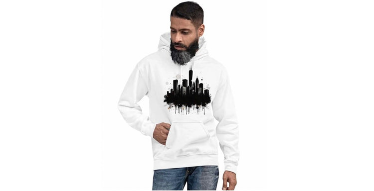 Man wearing white streetwear hoodie with bold black city skyline print – ccanvas men’s fashion