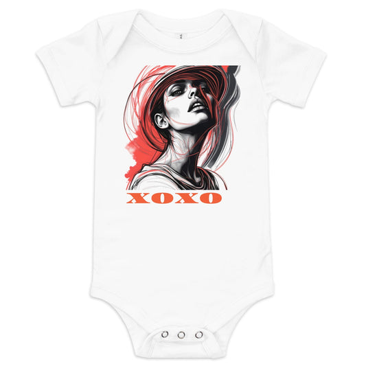 Off White baby onesie with afro fashion portrait and bold LONDON text design