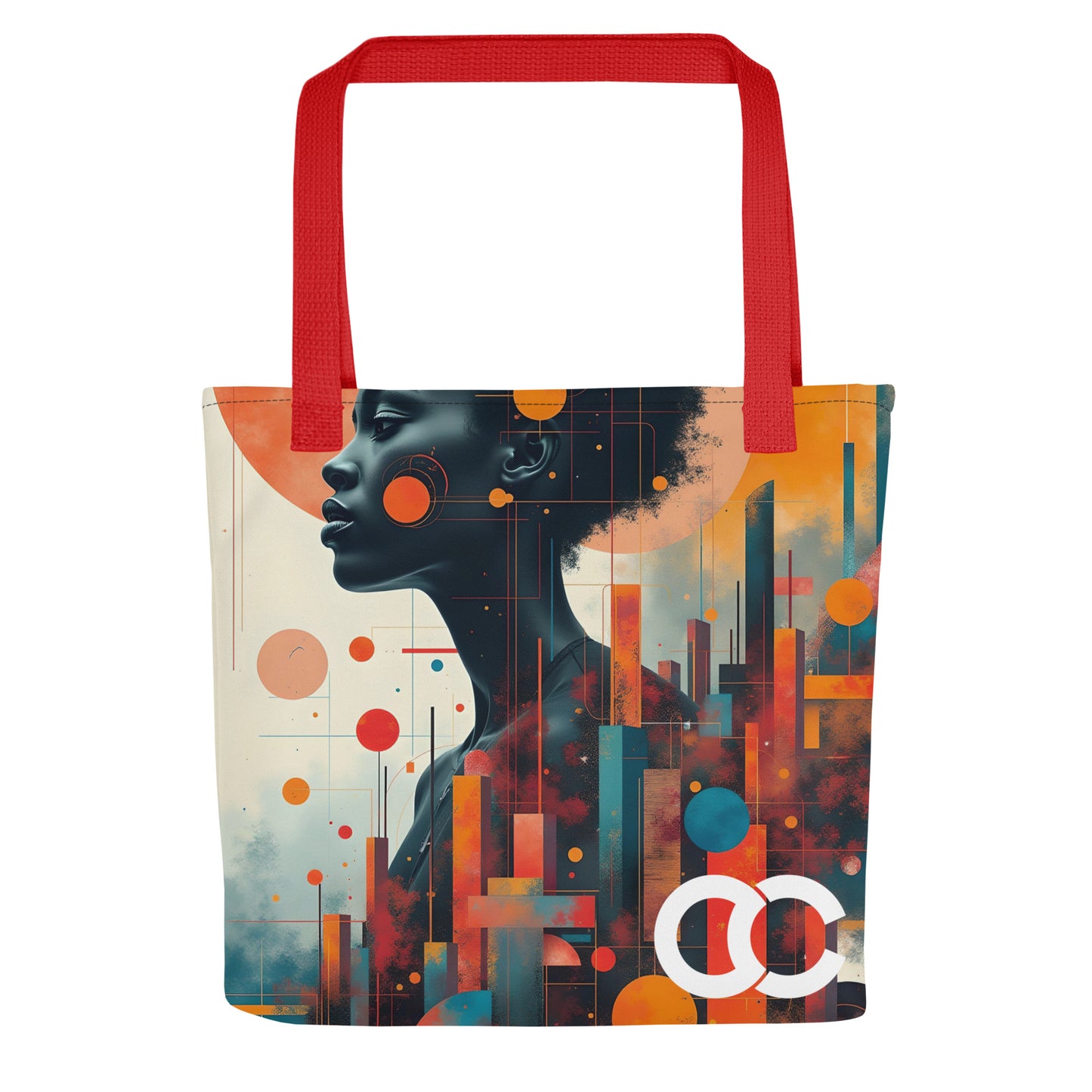 Afrofuturist woman profile portrait with colorful abstract geometric city skyline on a white heavyweight tote by CCANVAS.