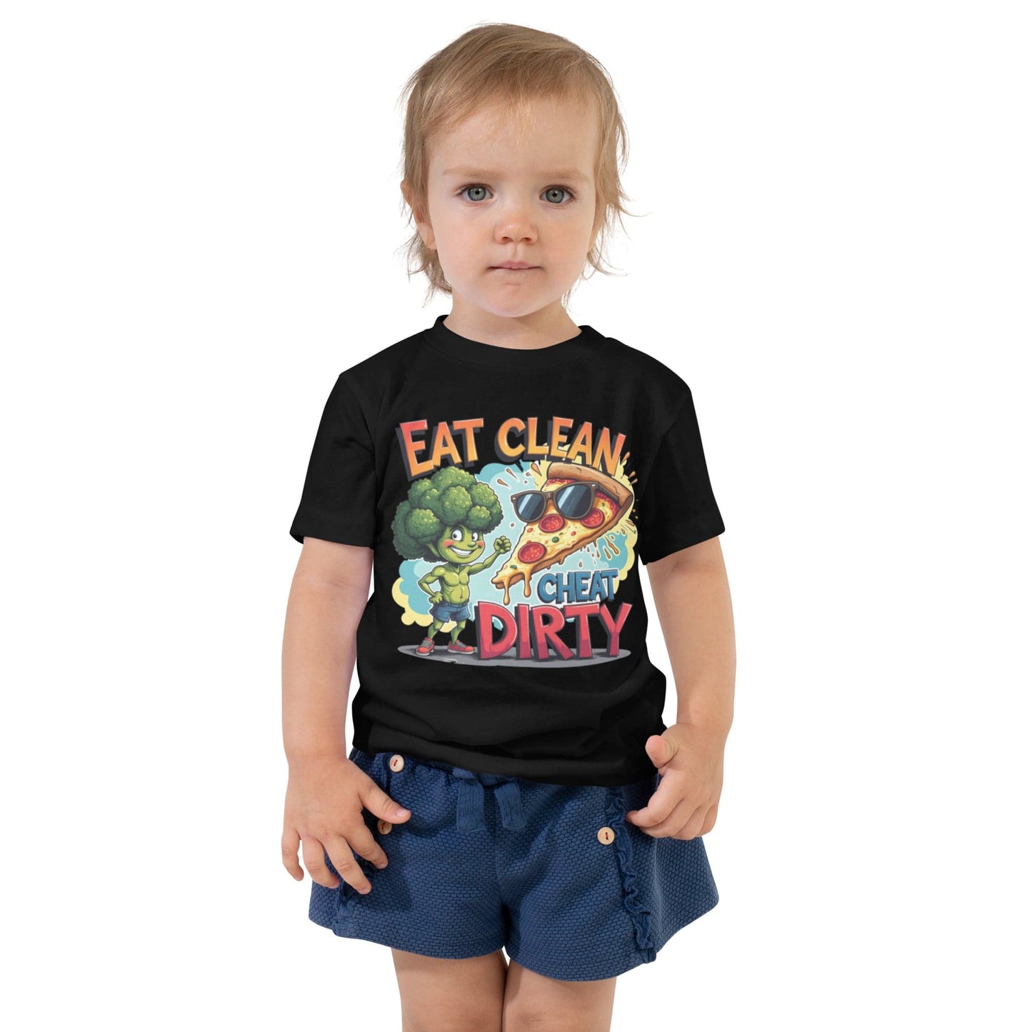 Eat Clean Cheat Dirty Toddler T-Shirt with Funny Broccoli & Pizza Cartoon | ccanvas - Kids T-Shirts | Ccanvas