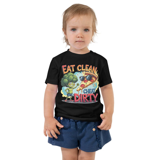 Eat Clean Cheat Dirty Toddler T-Shirt with Funny Broccoli & Pizza Cartoon | ccanvas - Kids T-Shirts | Ccanvas