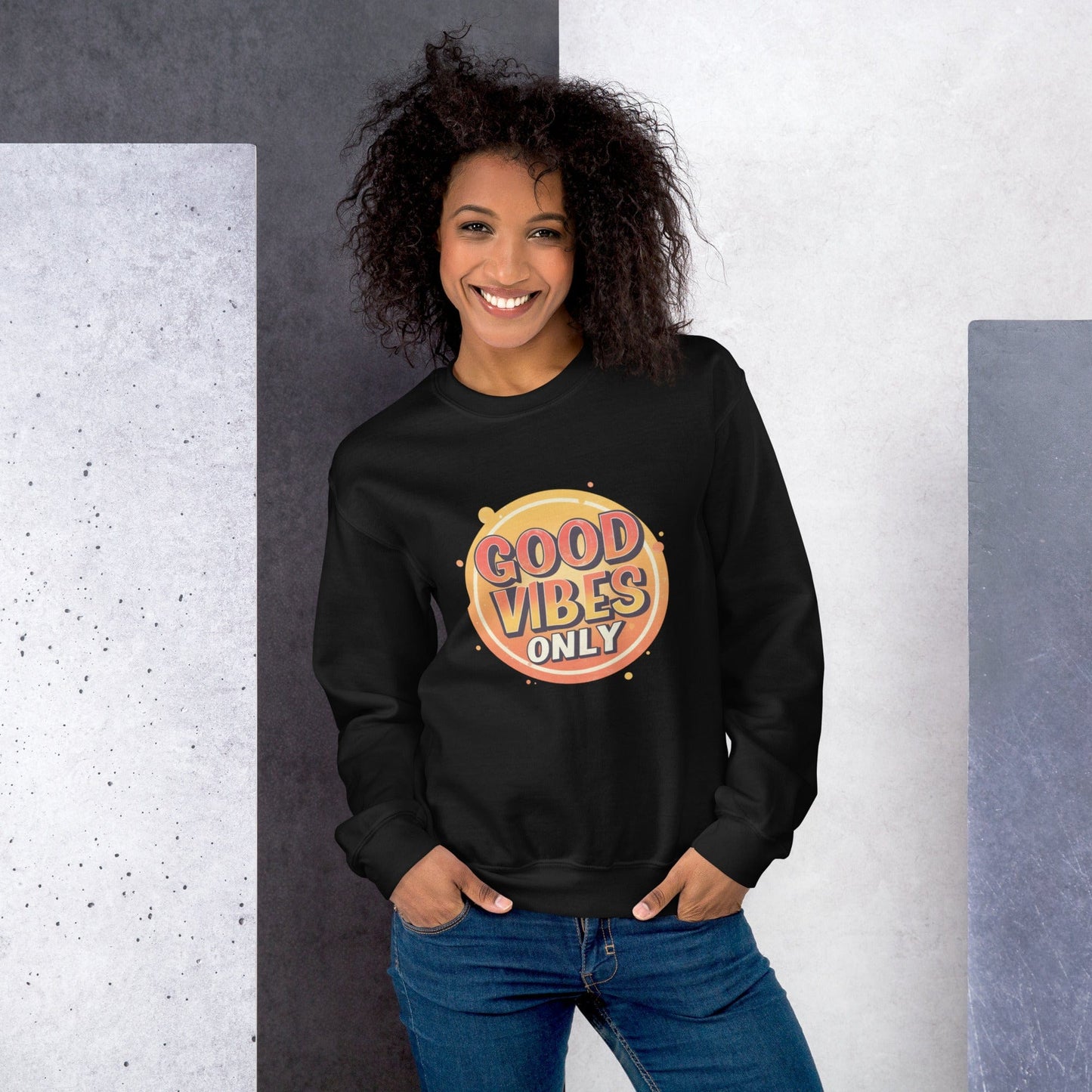Smiling woman wearing black sweatshirt with bold retro Good Vibes Only graphic design – ccanvas