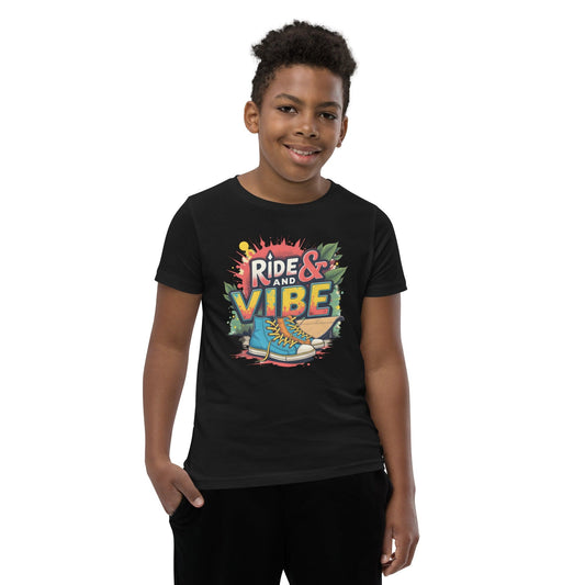 Boy wearing black T-shirt with “Ride & Vibe” graffiti print, high-top shoes and skateboard over colorful splash – ccanvas