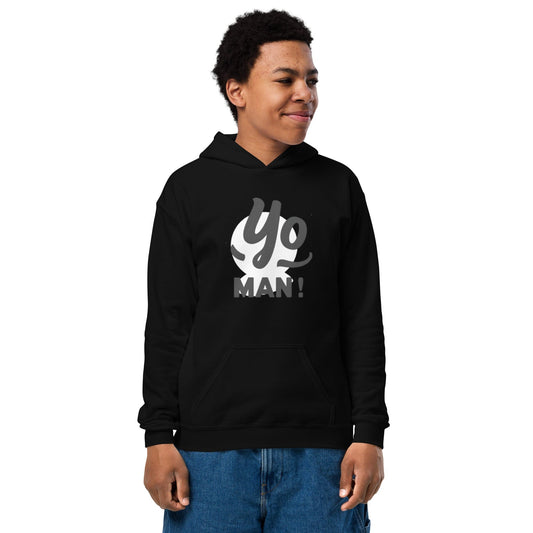 Teen smiling in black hoodie with black “Yo MAN!” slogan in bold minimalist style ccanvas