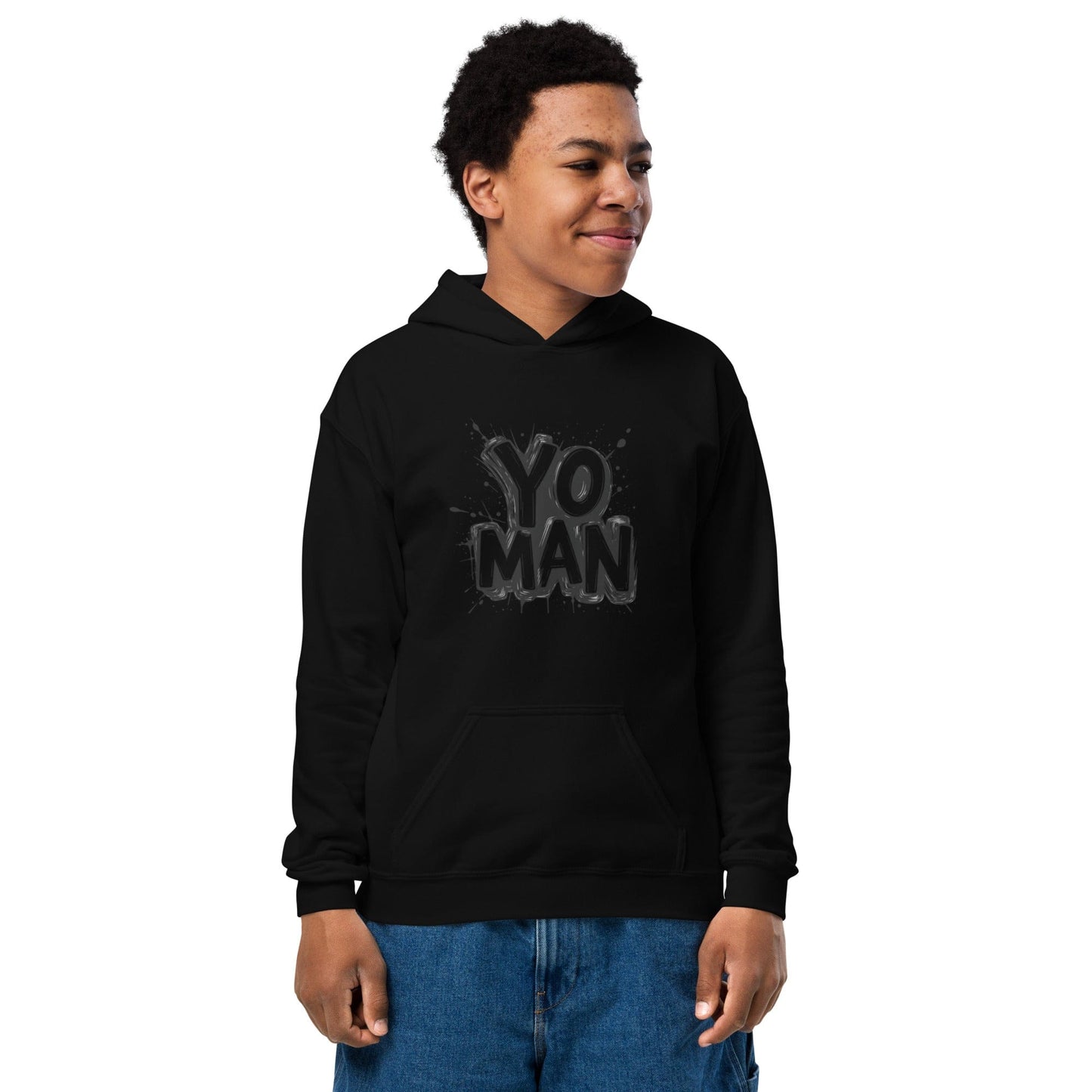 Teen smiling in black hoodie with bold black “YO MAN!” graffiti lettering and ink splatter graphic ccanvas