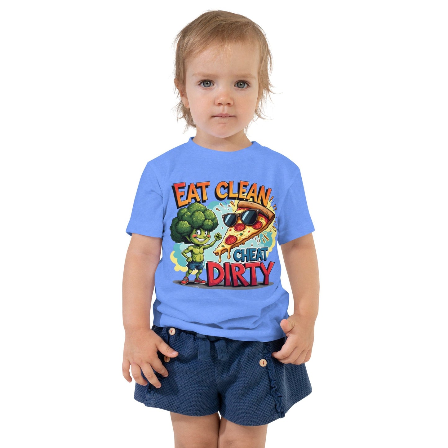 Eat Clean Cheat Dirty Toddler T-Shirt with Funny Broccoli & Pizza Cartoon | ccanvas - Kids T-Shirts | Ccanvas