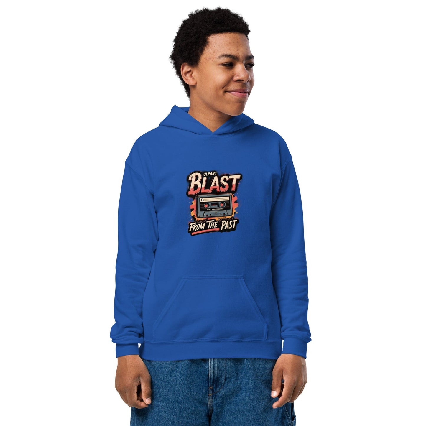 Teen in blue hoodie with colorful retro cassette and “Blast from the Past” slogan in bold style ccanvas