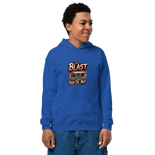 Teen in blue hoodie with colorful retro cassette and “Blast from the Past” slogan in bold style ccanvas
