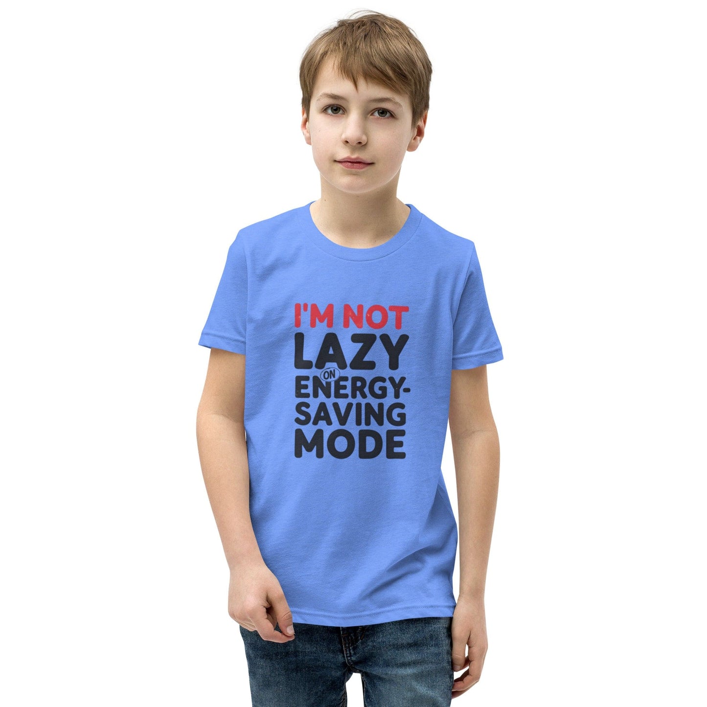 Boy wearing a blue T-shirt with bold quote “I’m not lazy – I’m on energy-saving mode” in red and black print – ccanvas