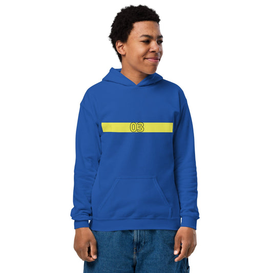 Blue hoodie with yellow bar and number 03 on the front, worn by a boy by ccanvas