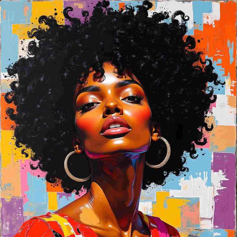 Digital portrait of a confident woman with afro hair, hoop earrings, and colorful background – ccanvas
