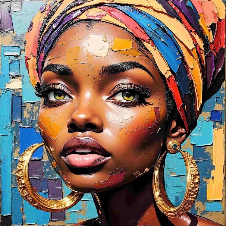 Afrofuturistic digital portrait of Black woman with gold earrings & vibrant headwrap – Ccanvas artwork.