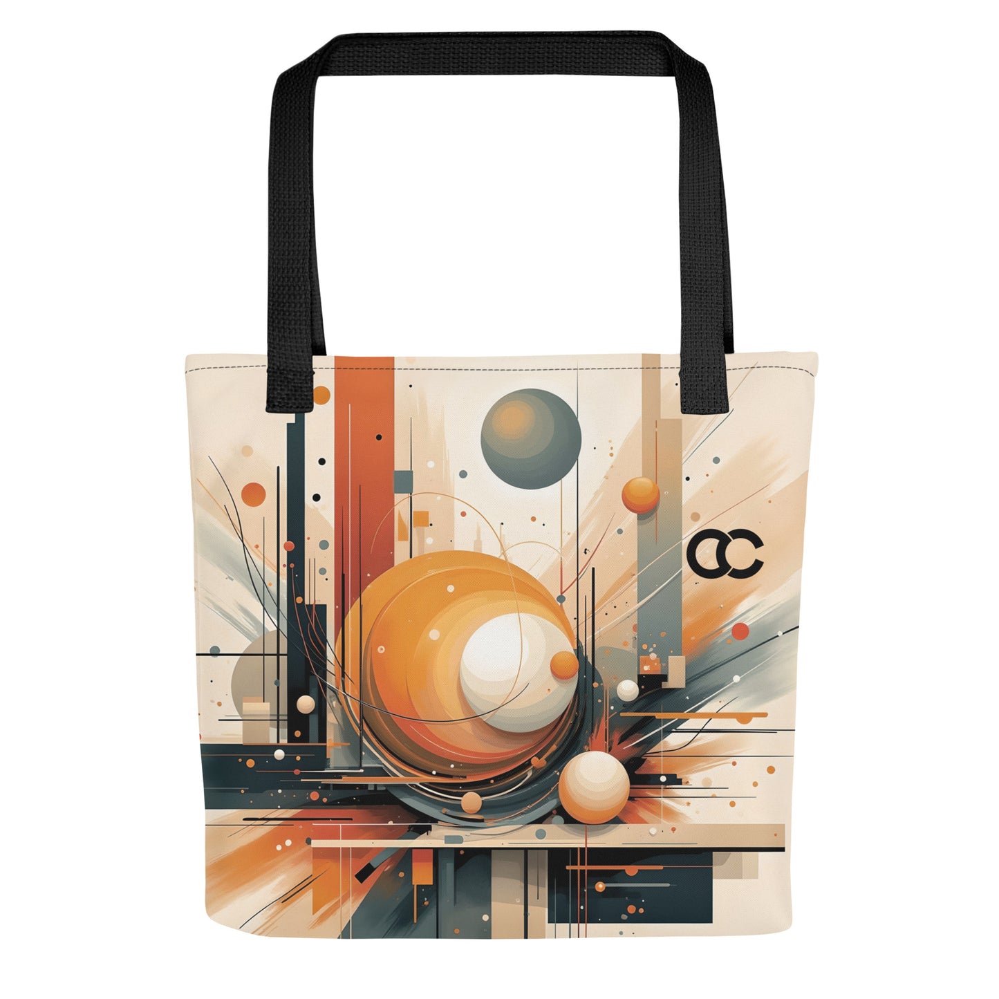 Abstract geometric art tote bag featuring orange spheres and architectural lines on heavyweight cream canvas with black handles by CCANVAS.