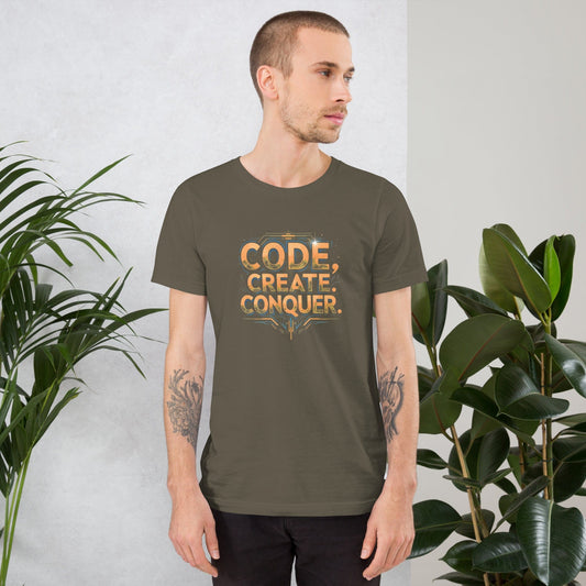 Man wearing dark tech-style Code Create Conquer T-shirt with orange digital print design – ccanvas