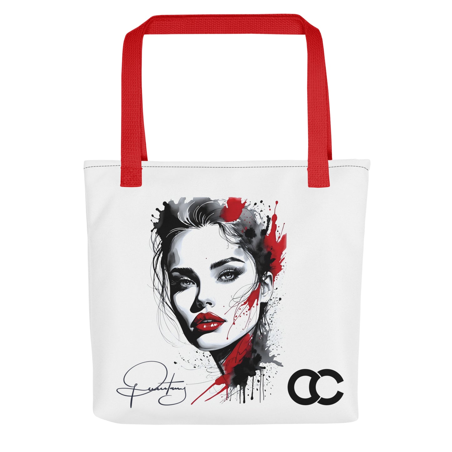 Monochromatic fashion portrait tote bag with red splatter art and lipstick accents on white heavyweight canvas by CCANVAS.