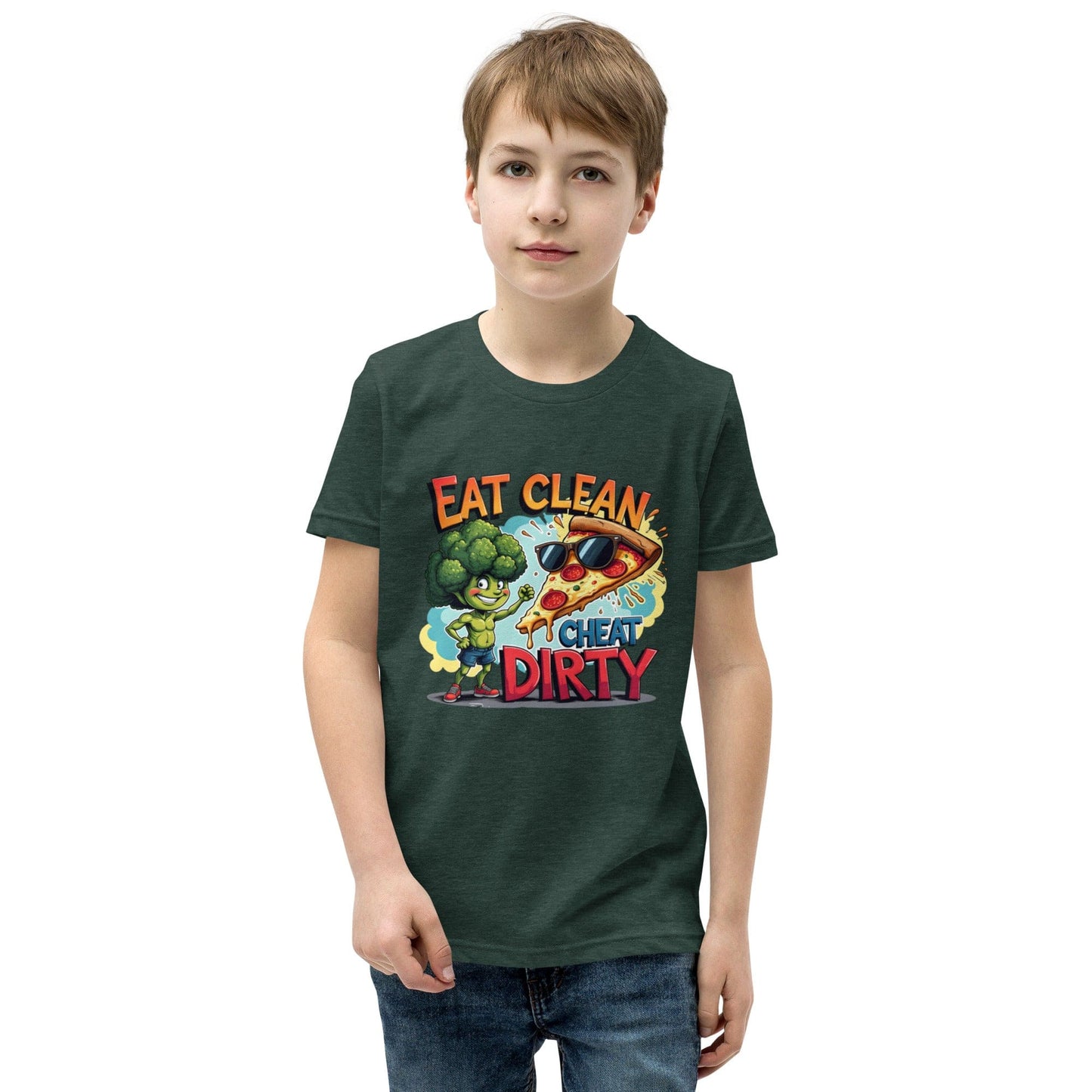 Eat Clean Cheat Dirty Kids T-Shirt – Funny Broccoli & Pizza Graphic Tee | ccanvas - Kids T-Shirts | Ccanvas