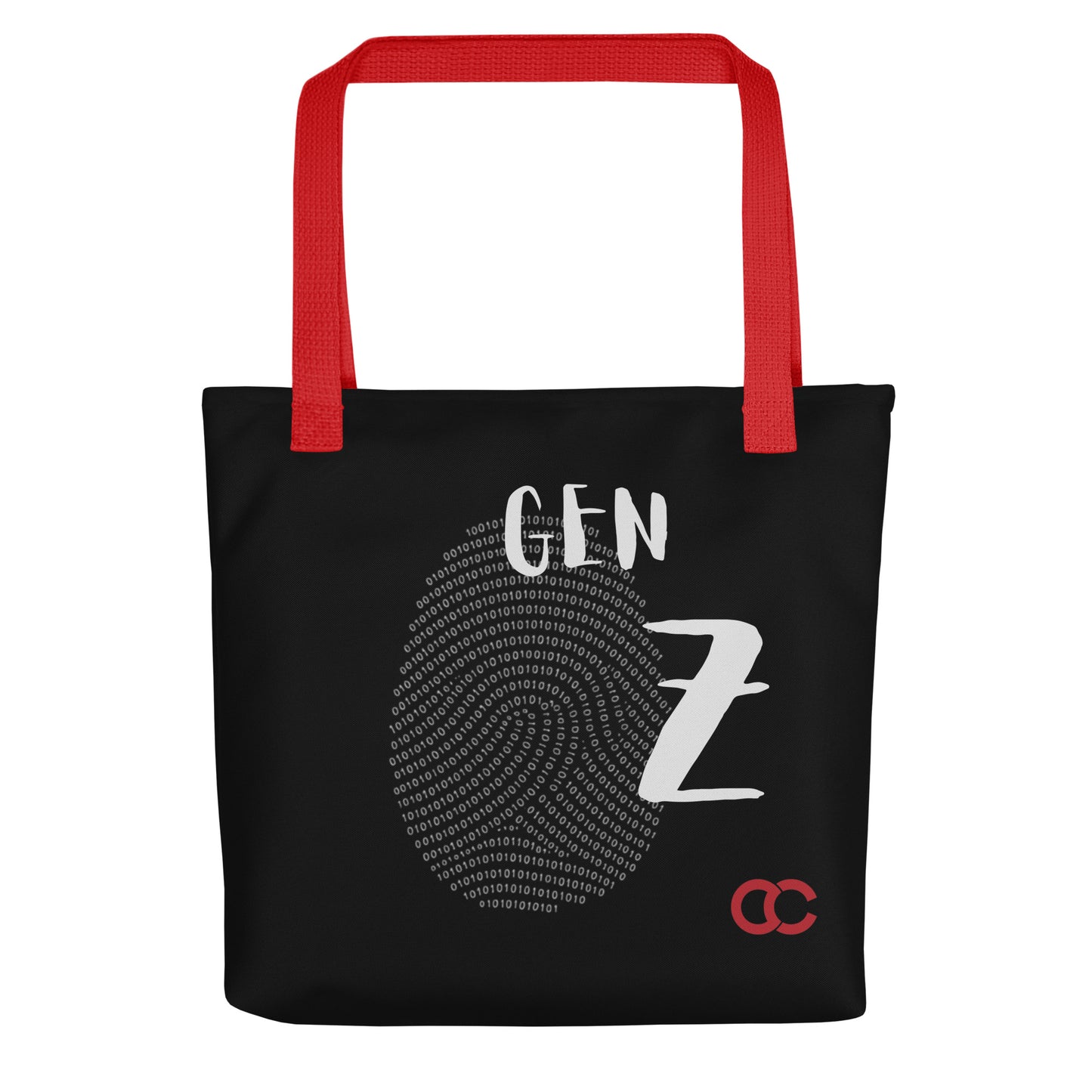 Black Gen Z tote bag with binary digital fingerprint graphic and red handles on heavyweight cotton canvas by CCANVAS.