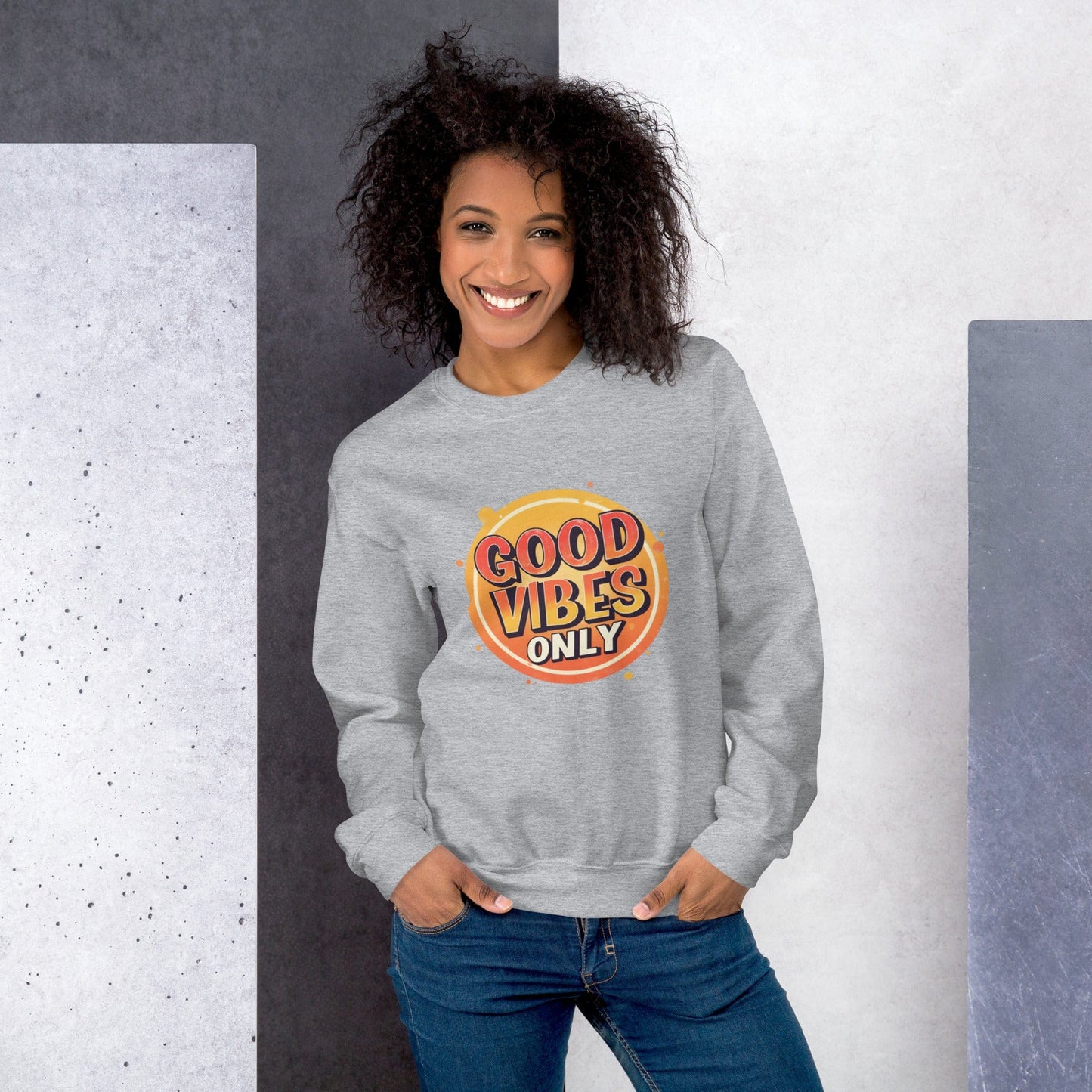 Smiling woman wearing Gray sweatshirt with bold retro Good Vibes Only graphic design – ccanvas