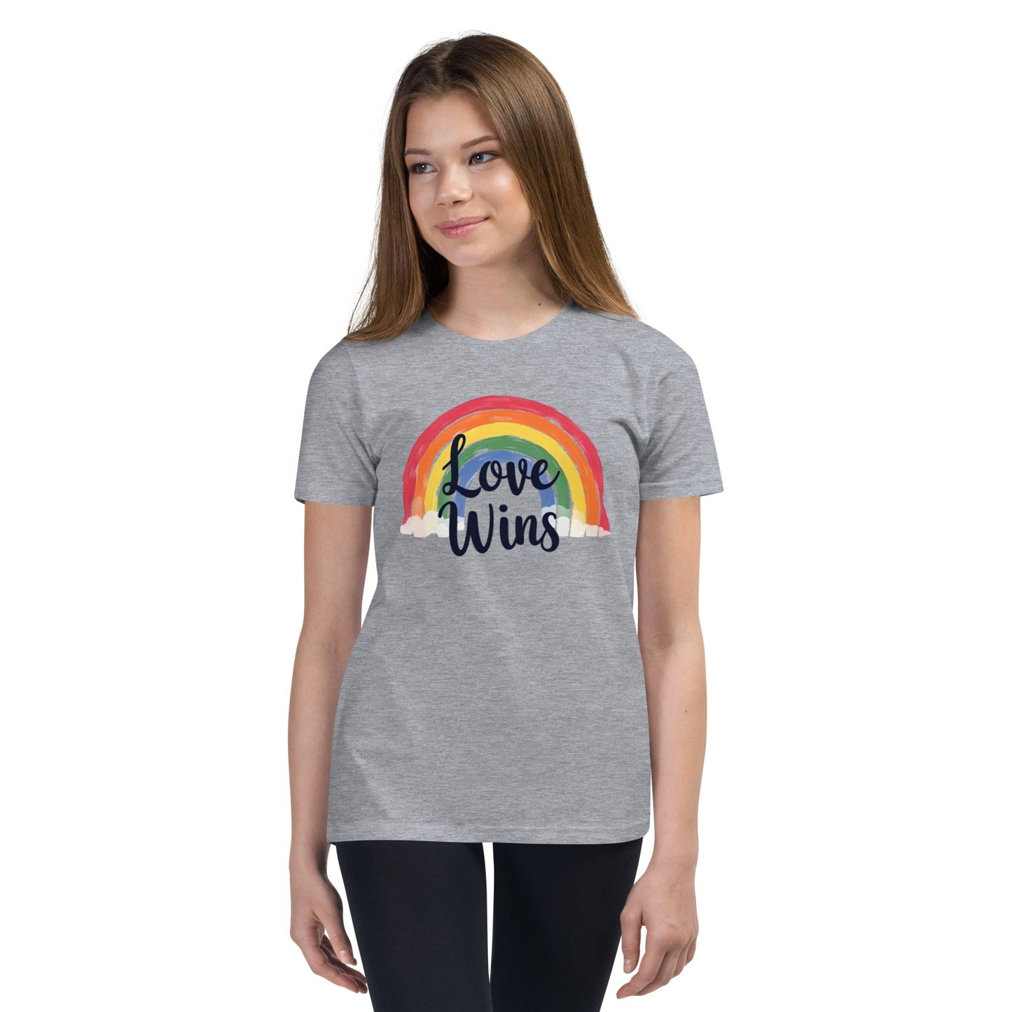 Woman wearing grayLove Wins rainbow pride T-shirt with LGBTQ message – ccanvas