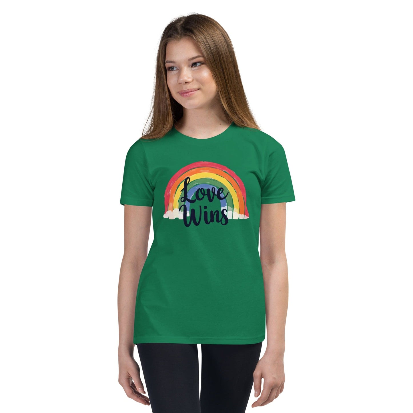 Woman wearing green Love Wins rainbow pride T-shirt with LGBTQ message – ccanvas