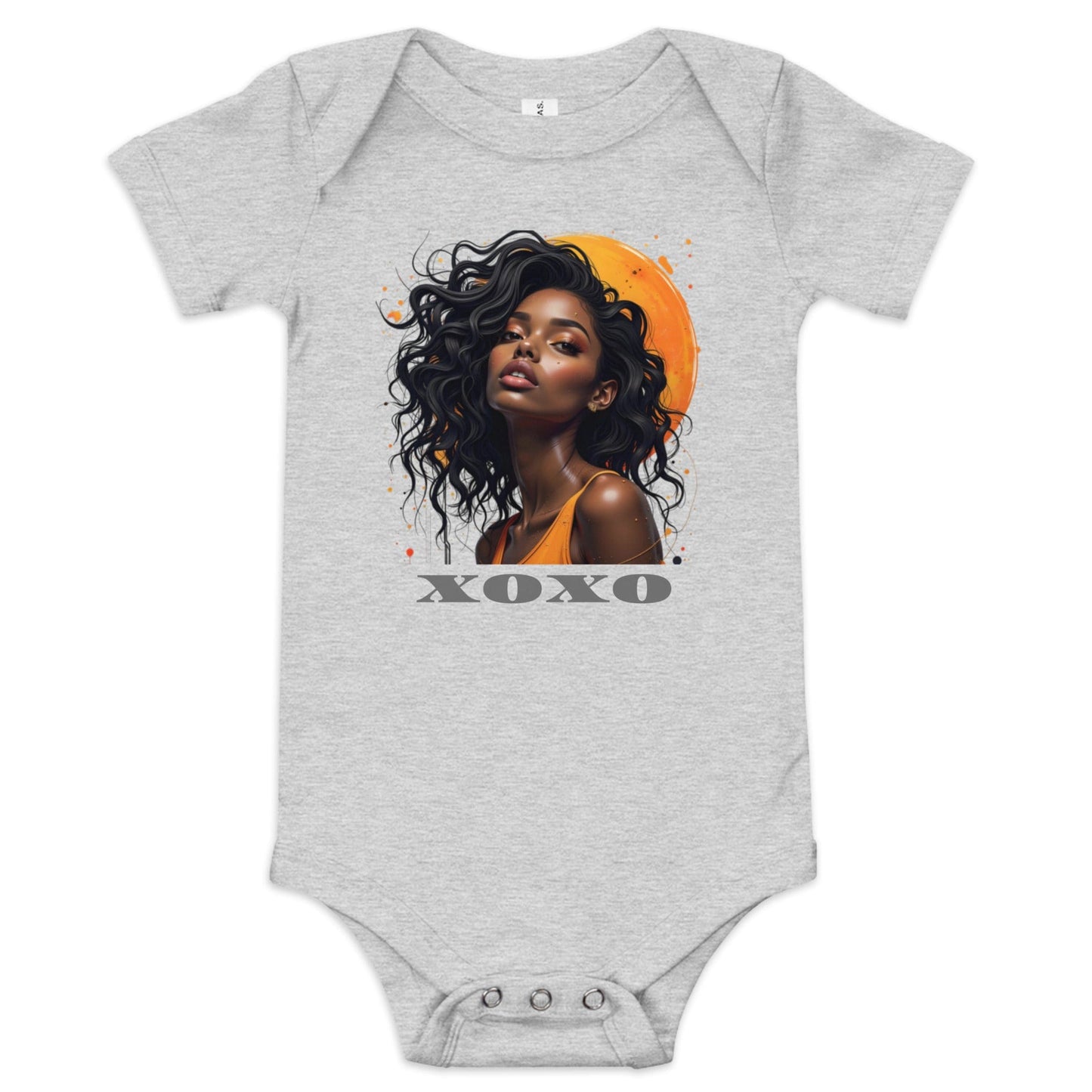Grey baby onesie with crowned cat illustration and oversized sunglasses in playful royal style