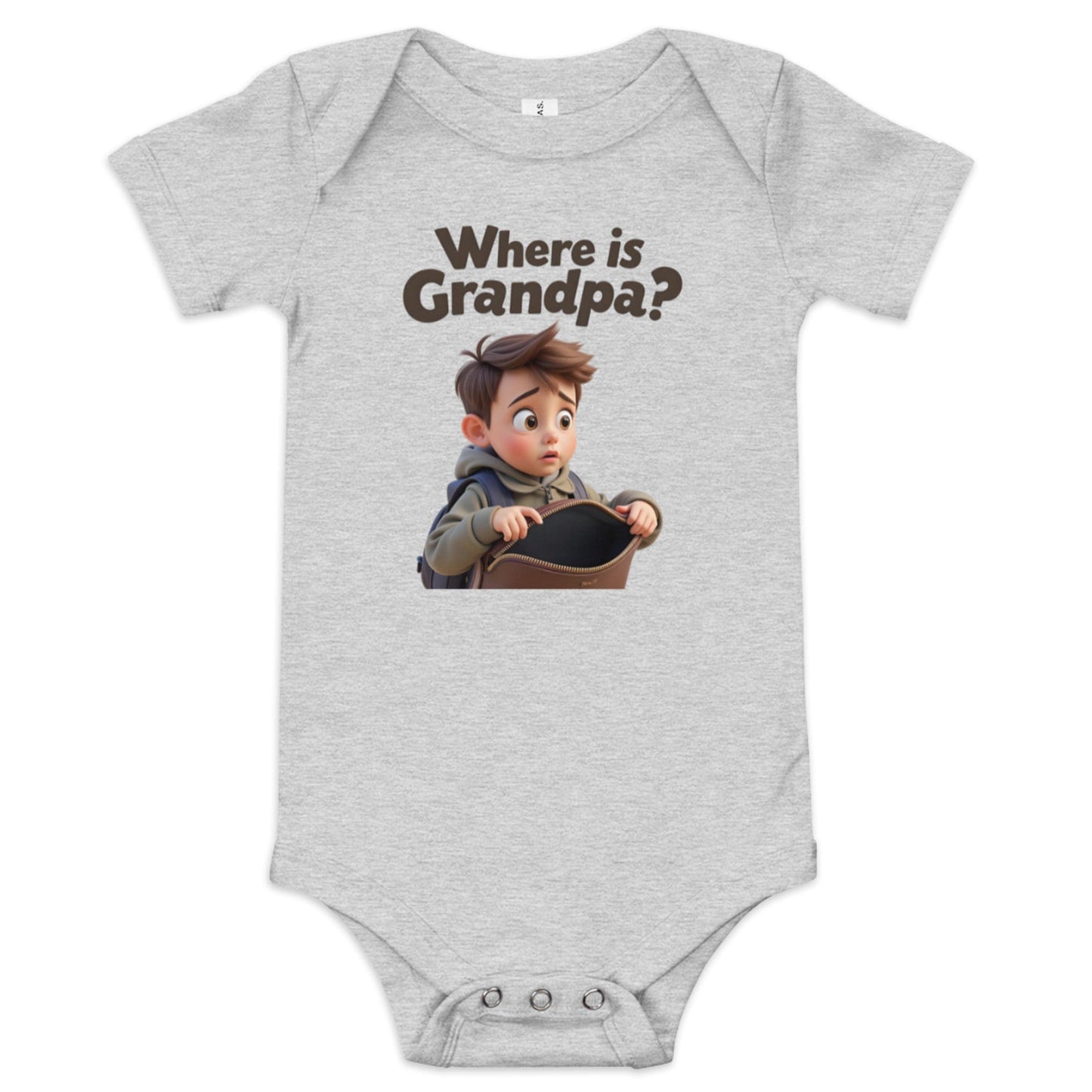 Grey baby onesie with funny cartoon baby illustration and “Where’s Grandma?” slogan ccanvas