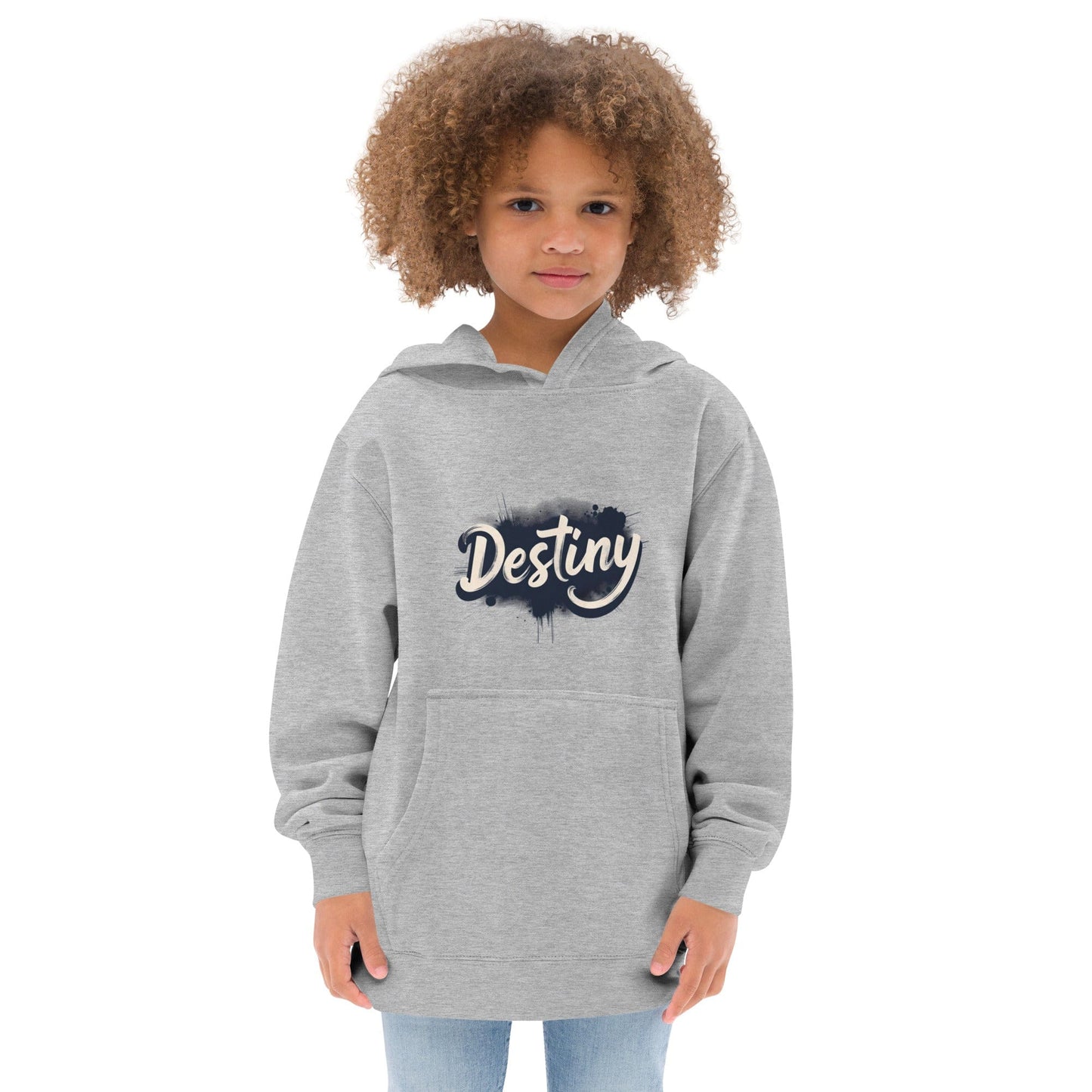Child wearing grey hoodie with brush-style “Destiny” name design in bold black ink splash print ccanvas