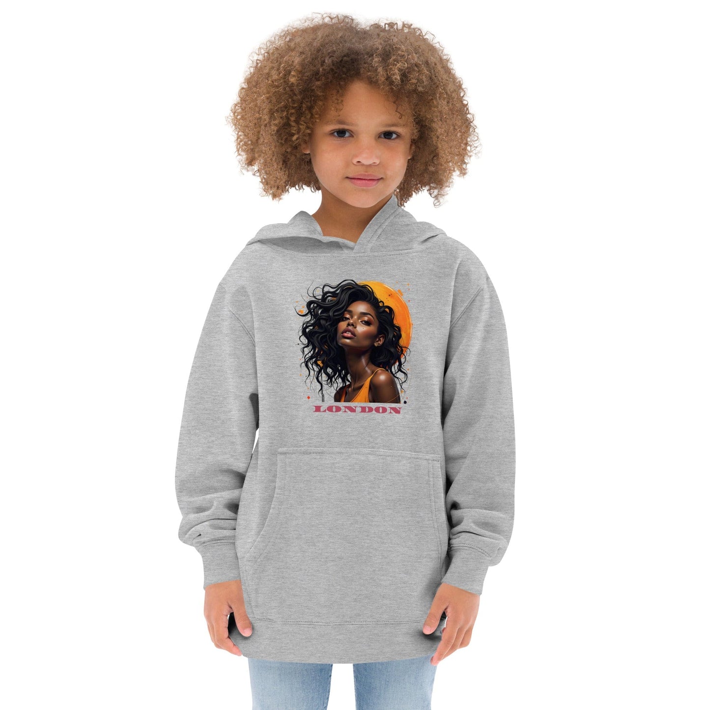 Child in grey premium hoodie with afro fashion portrait, orange accent, and bold “LONDON” high-end print ccanvas