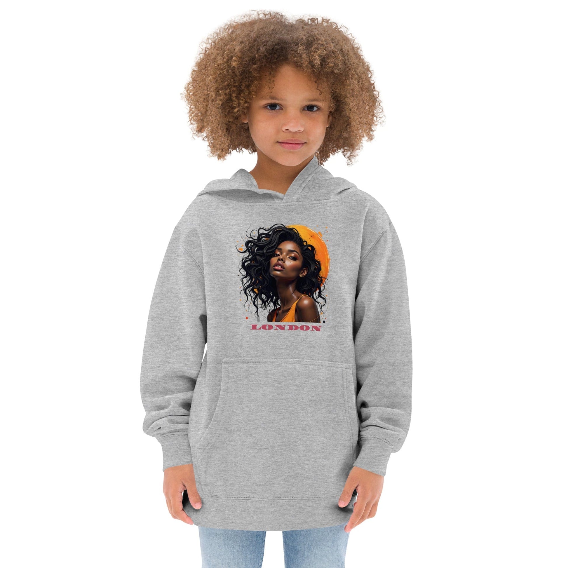 Child in grey premium hoodie with afro fashion portrait, orange accent, and bold “LONDON” high-end print ccanvas