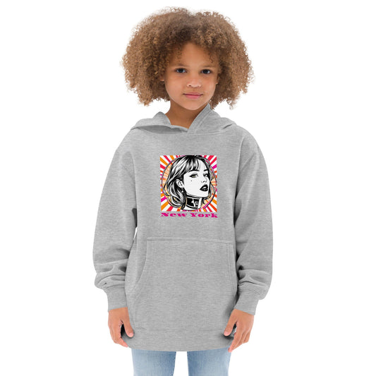 Child wearing grey hoodie with pop art illustration of girl and “New York” in pink comic-style text ccanvas