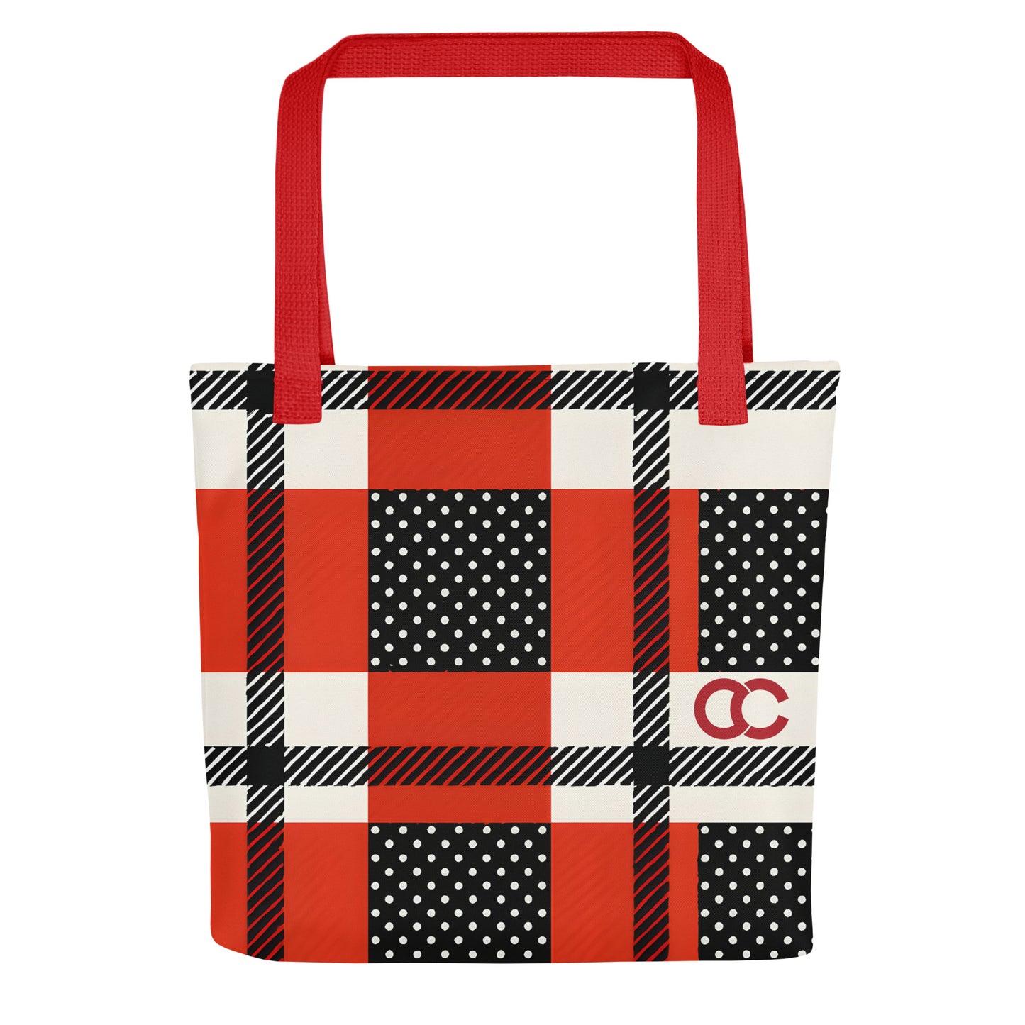 Bold red and white oversized plaid tote bag with red handles and CC monogram featuring dot-matrix textures on heavyweight canvas by CCANVAS.