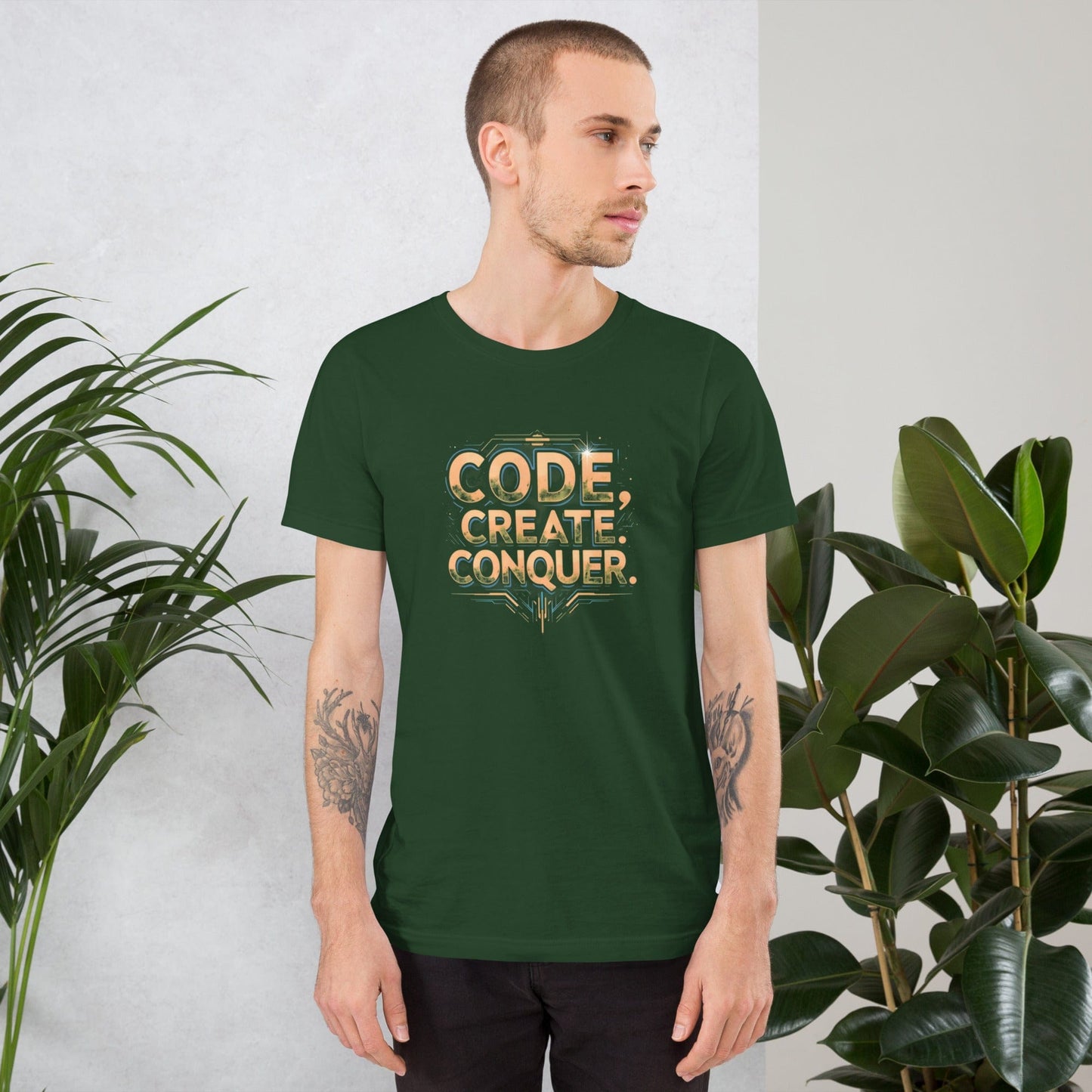 Man wearing high green tech-style Code Create Conquer T-shirt with orange digital print design – ccanvas