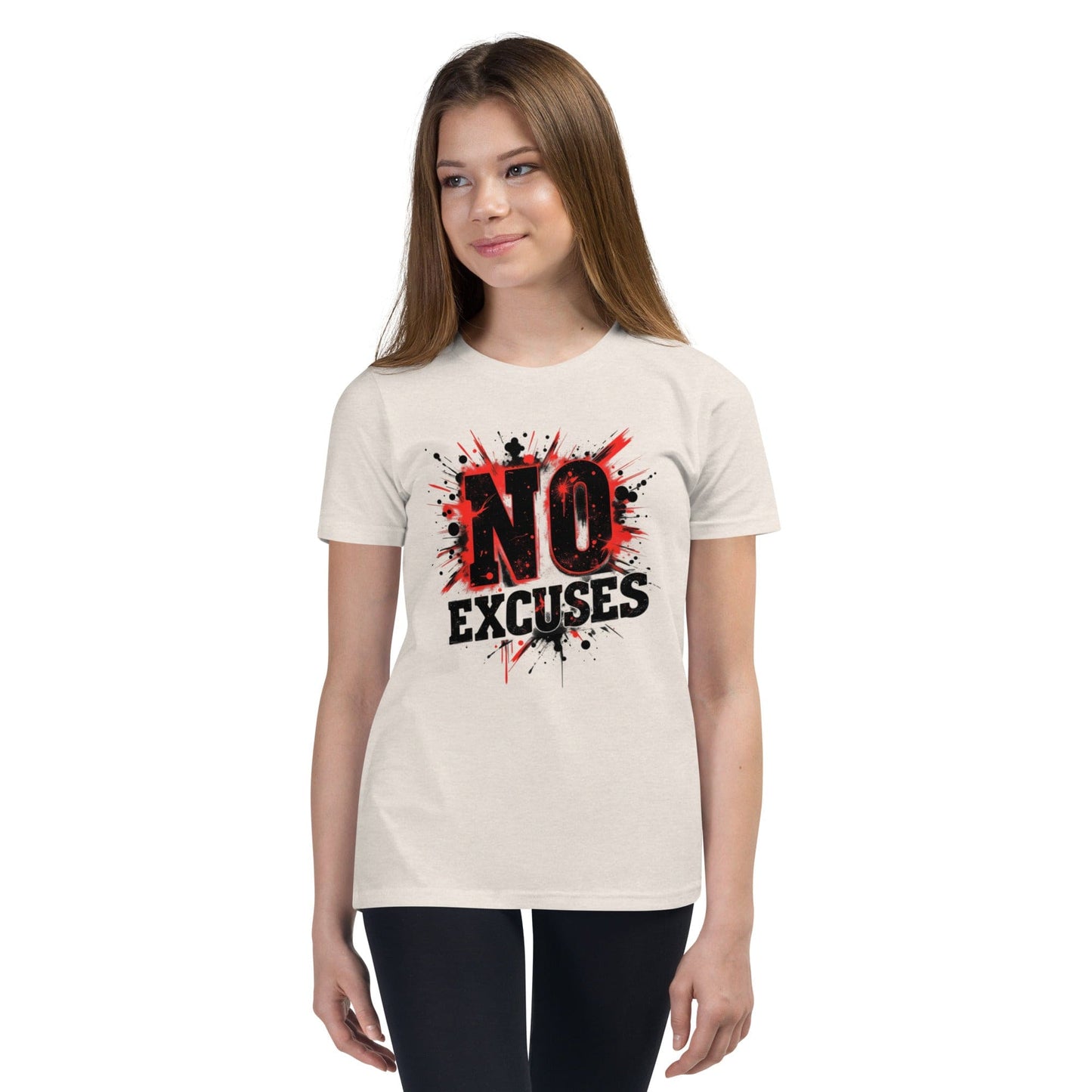 Teen girl wearing a light brown T-shirt with “No Excuses” text and red-black paint splash design – ccanvas