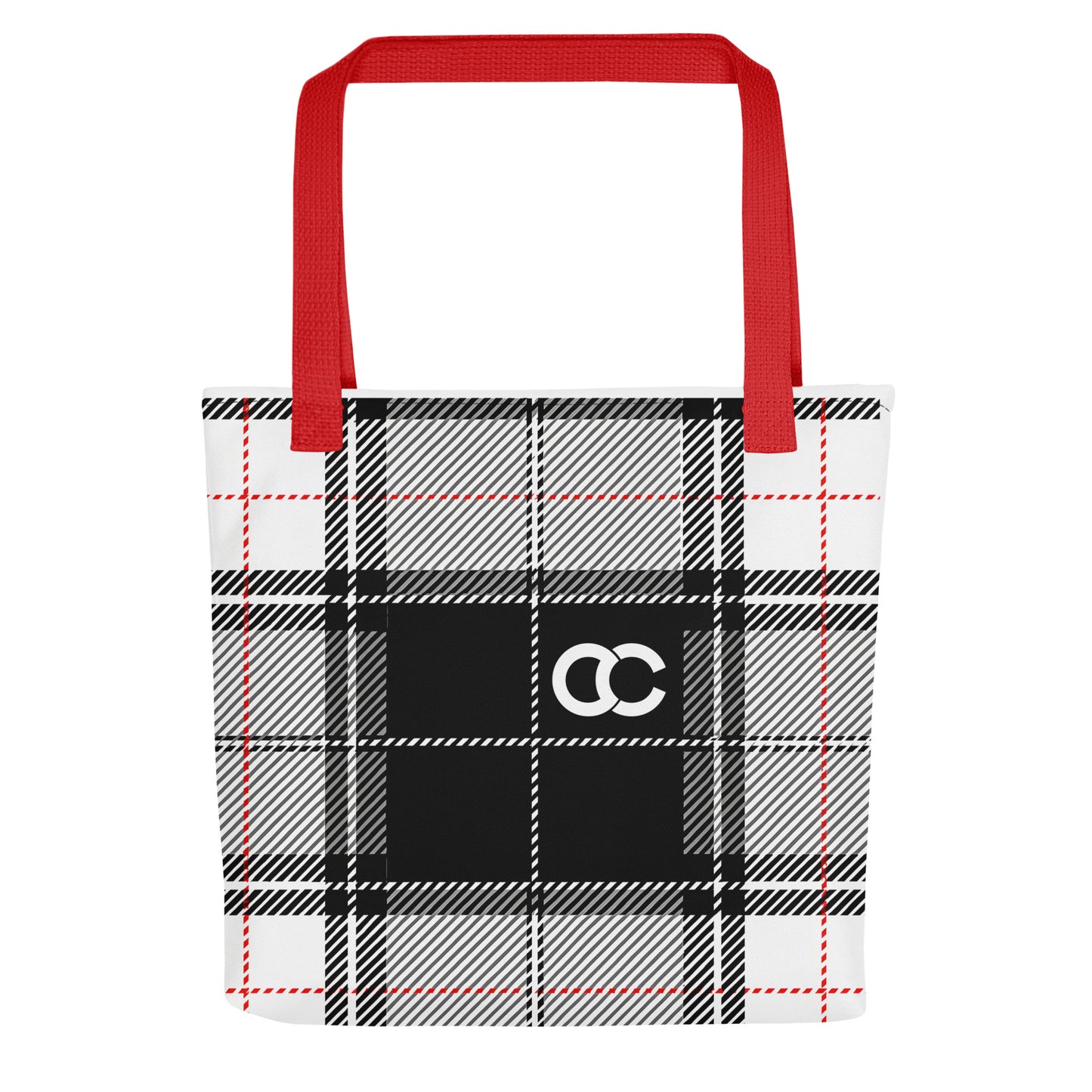 Sophisticated grey and black tartan plaid tote bag featuring red handles and a centered CC monogram on heavyweight cotton canvas by CCANVAS.