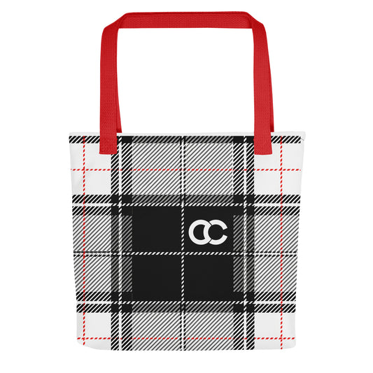 Sophisticated grey and black tartan plaid tote bag featuring red handles and a centered CC monogram on heavyweight cotton canvas by CCANVAS.