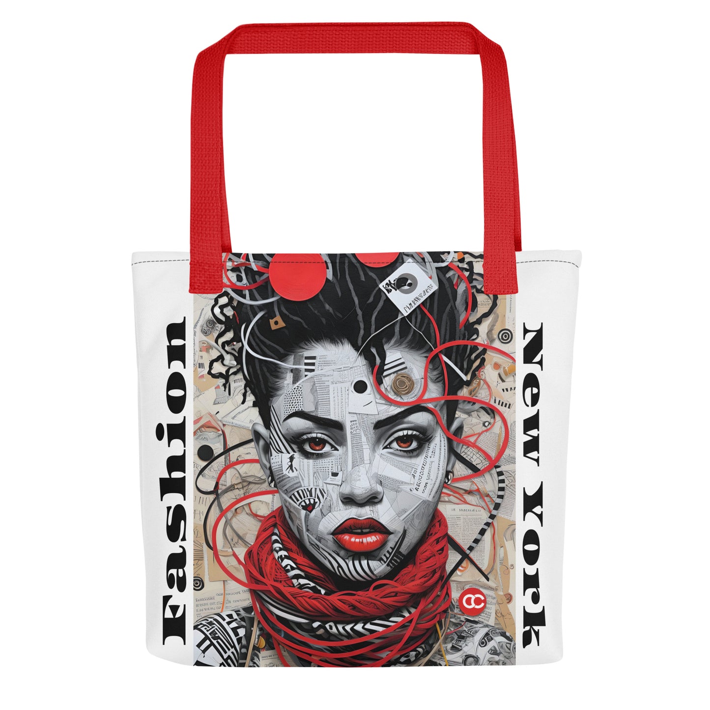 Fashion portrait collage tote bag with New York text and vibrant red handles on white heavyweight cotton canvas by CCANVAS.
