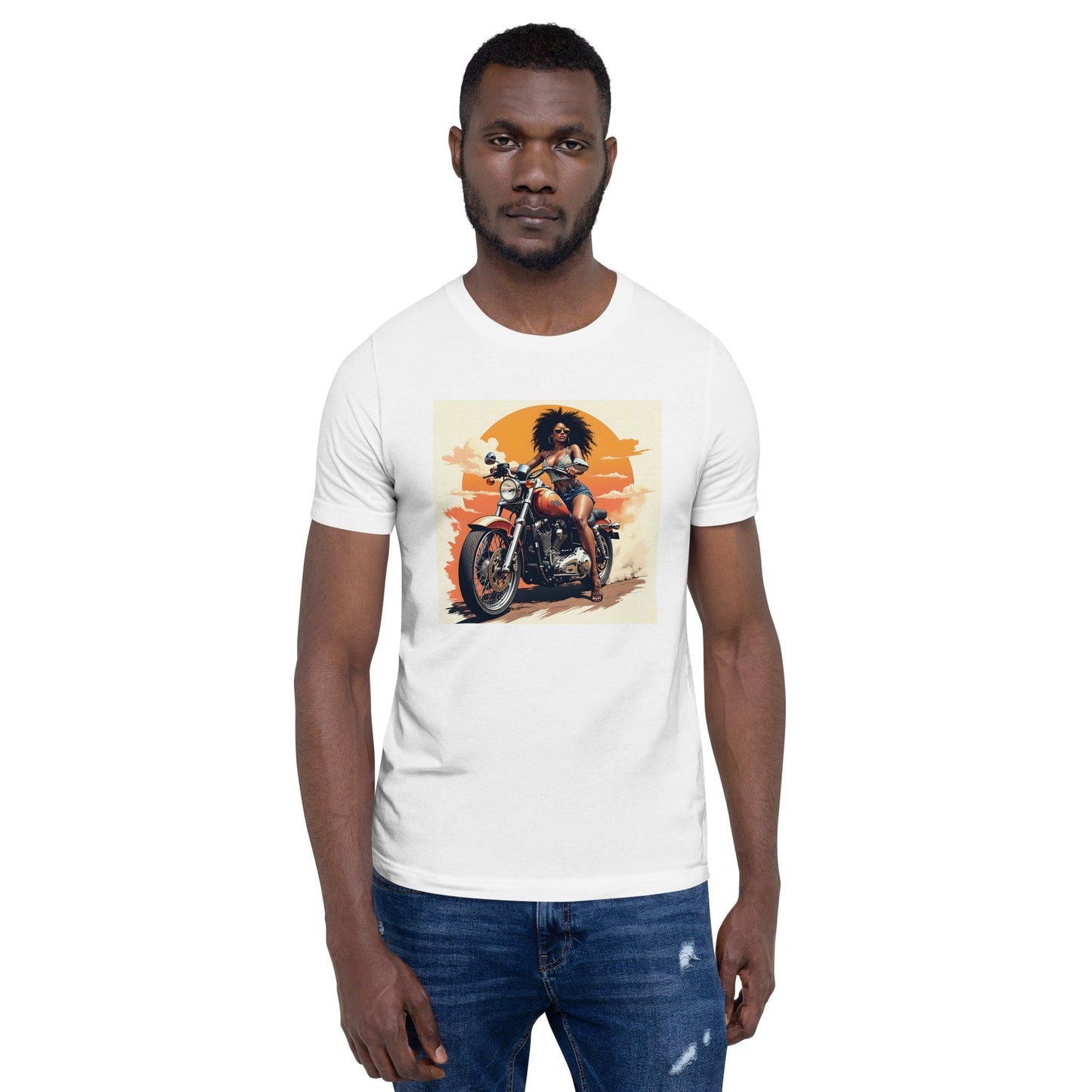 Biker Girl Sunset T-Shirt – Retro Motorcycle Graphic Tee | ccanvas - Men’s T-Shirt | Ccanvas