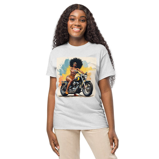Afro Biker Queen Splash T-Shirt – Bold Motorcycle Art Tee | ccanvas - T-Shirts | Ccanvas