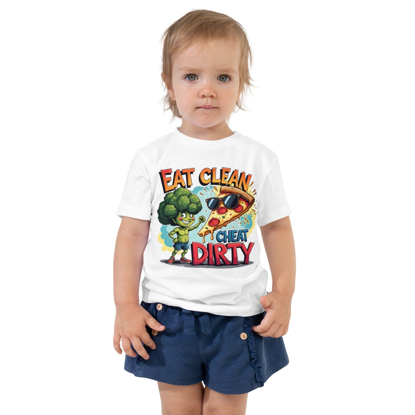 Eat Clean Cheat Dirty Toddler T-Shirt with Funny Broccoli & Pizza Cartoon | ccanvas - Kids T-Shirts | Ccanvas
