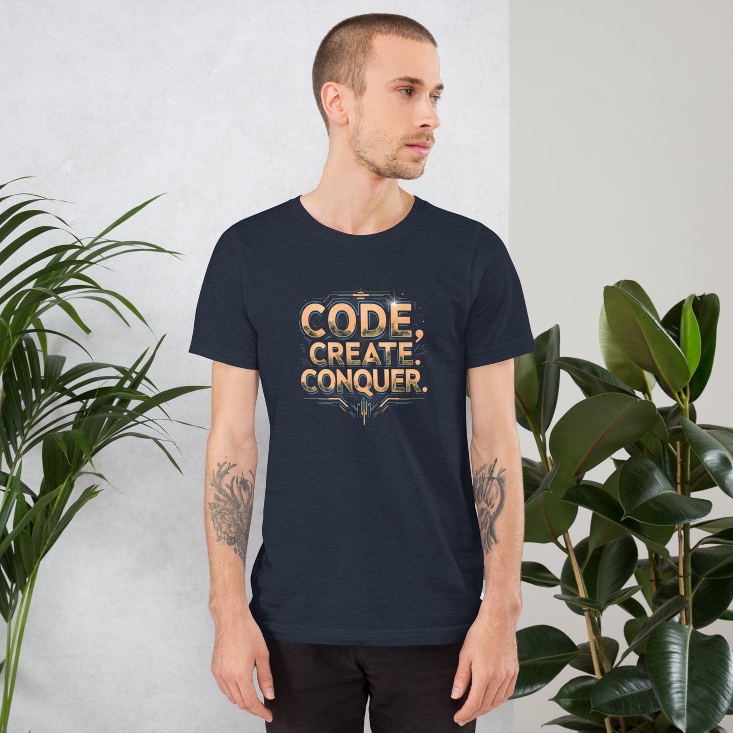 Man wearing ocean tech-style Code Create Conquer T-shirt with orange digital print design – ccanvas