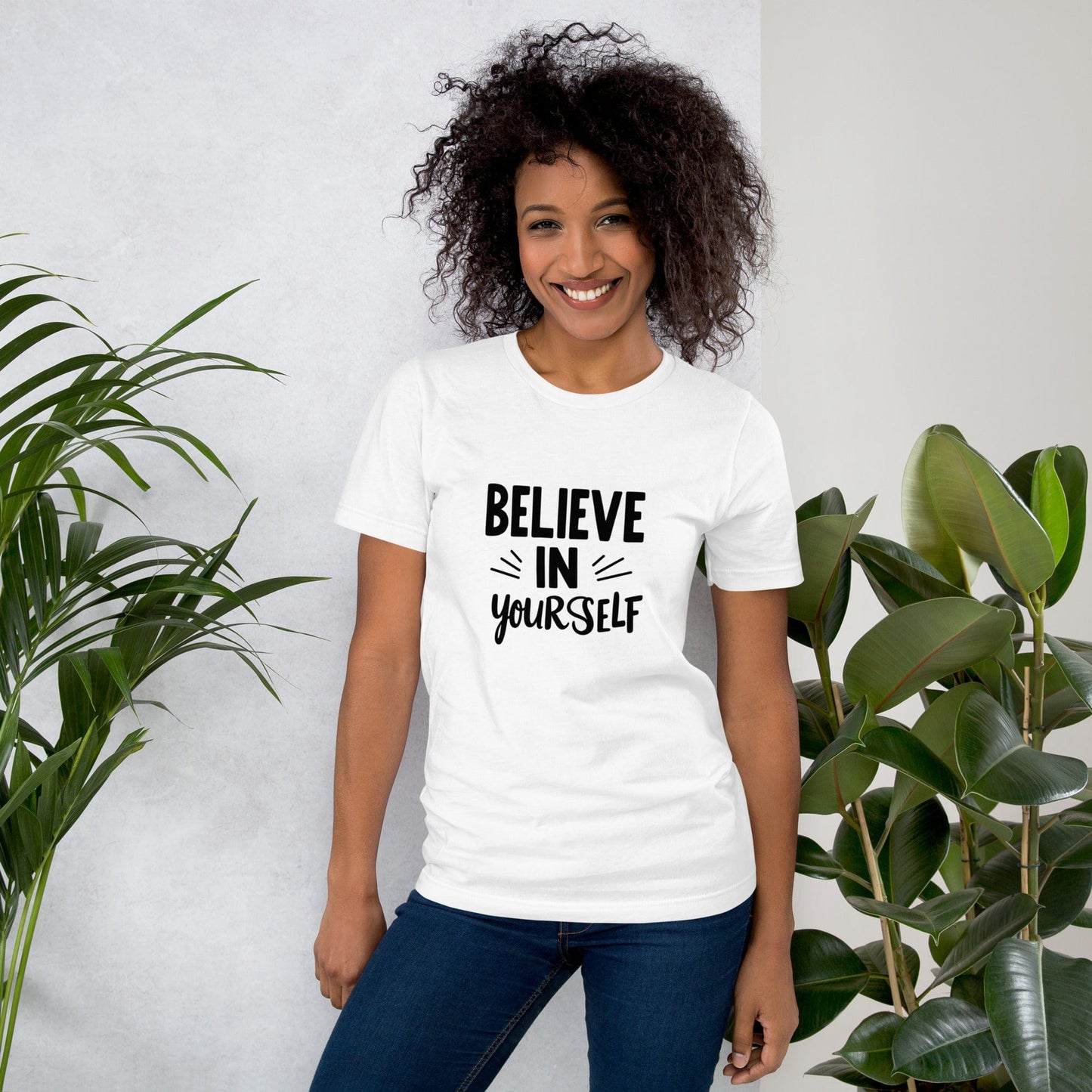 Smiling woman wearing OFF White Believe in Yourself T-shirt with black inspirational quote print – ccanvas
