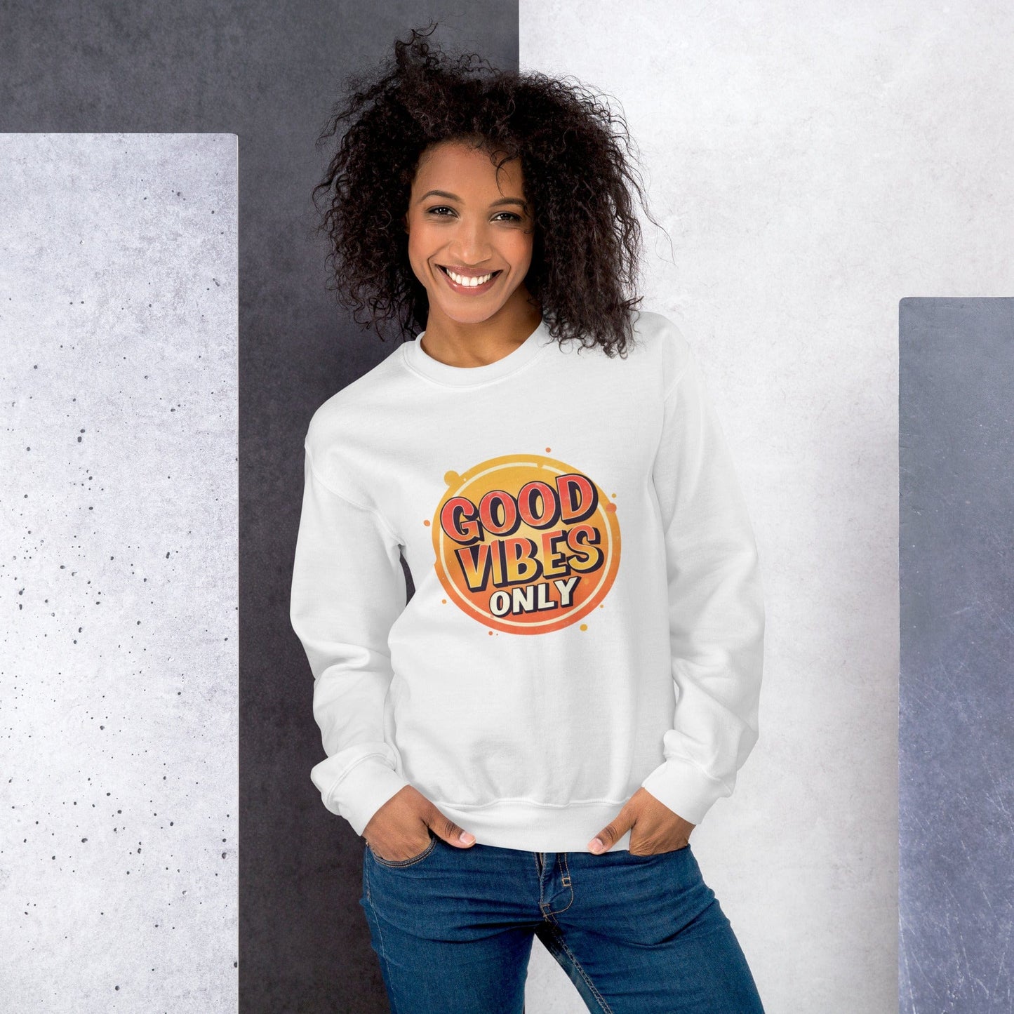 Smiling woman wearing Off White sweatshirt with bold retro Good Vibes Only graphic design – ccanvas
