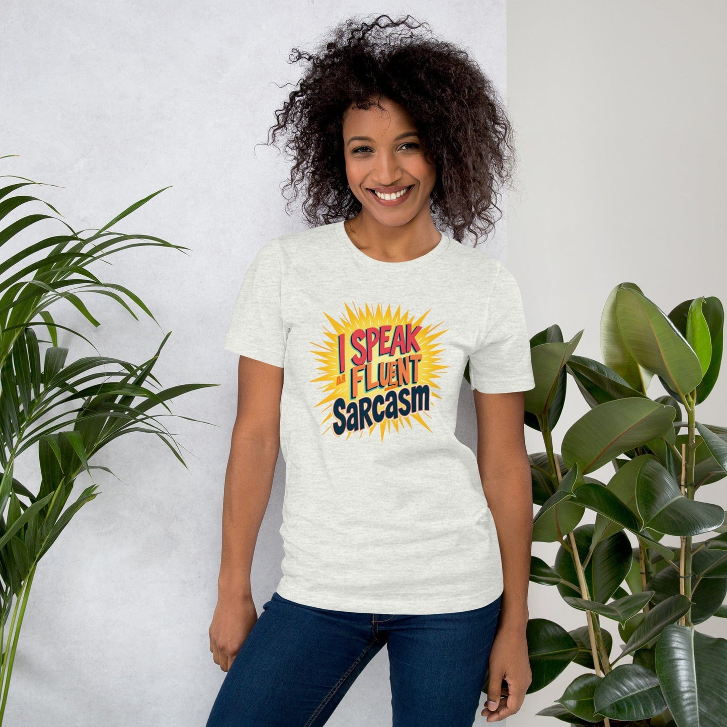 Woman wearing Off White T-shirt with bold comic-style I Speak Fluent Sarcasm quote design – ccanvas