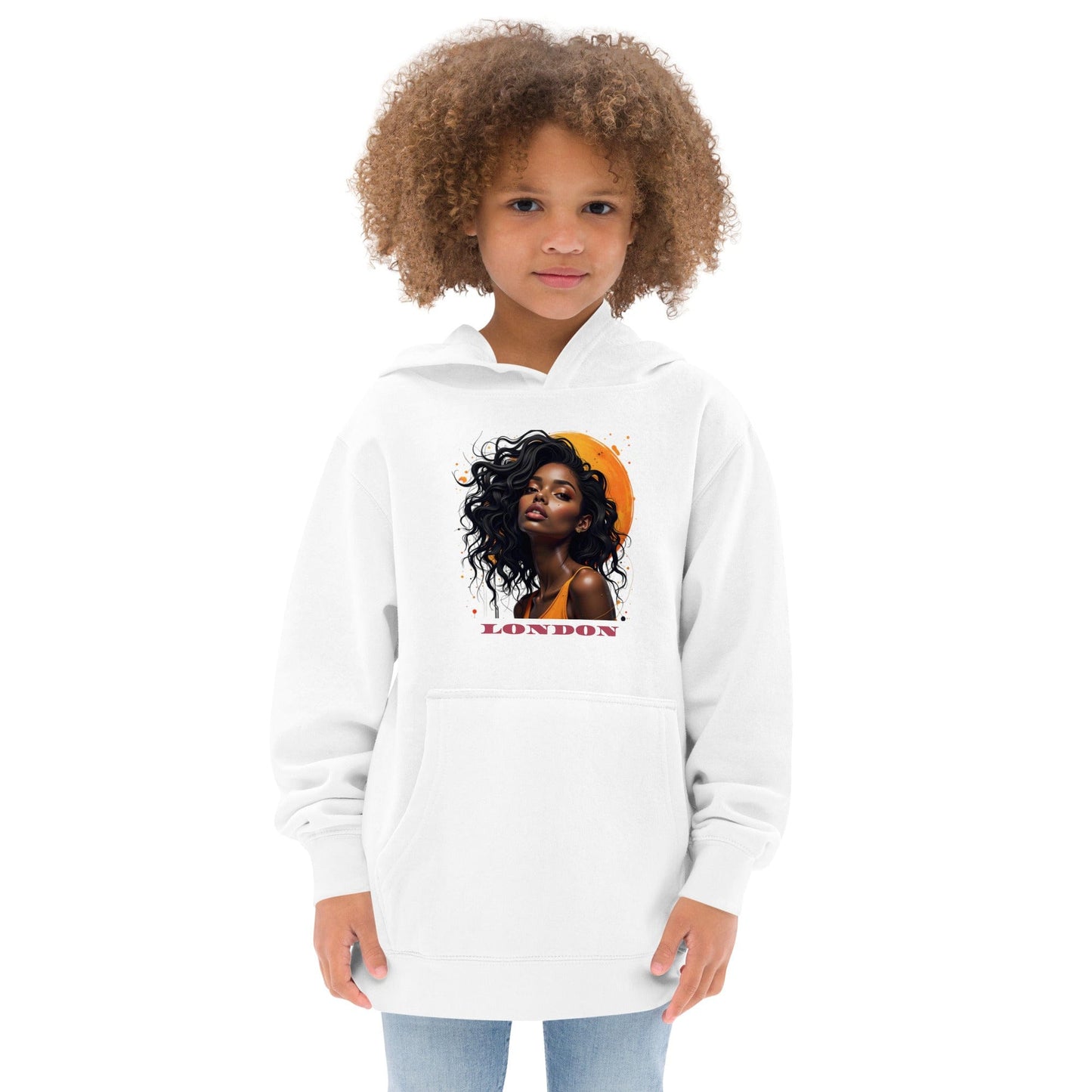 Child in Off white premium hoodie with afro fashion portrait, orange accent, and bold “LONDON” high-end print ccanvas