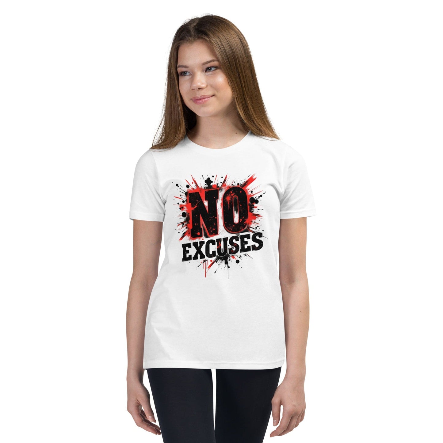 Teen girl wearing a Off white T-shirt with “No Excuses” text and red-black paint splash design – ccanvas