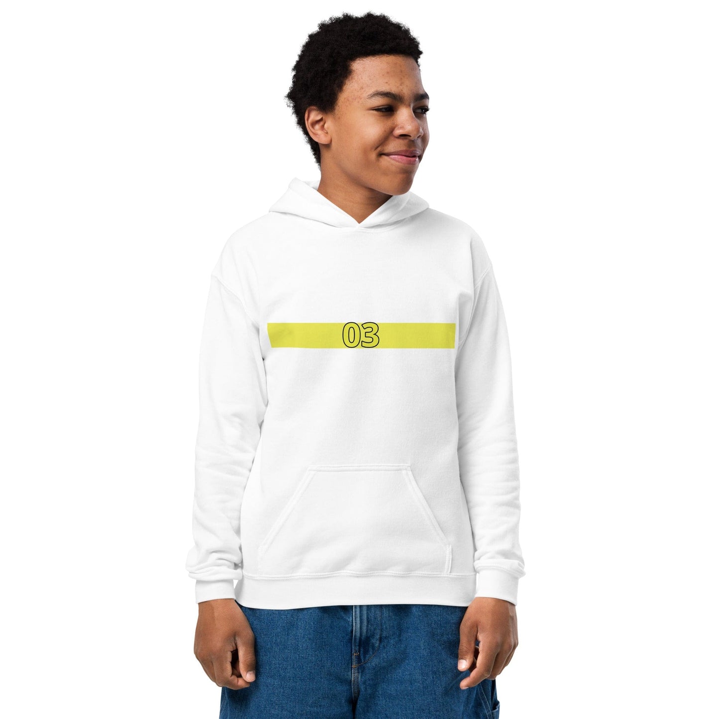 Off White hoodie with yellow bar and number 03 on the front, worn by a boy by ccanvas