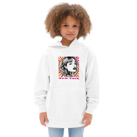 Child wearing Off White hoodie with pop art illustration of girl and “New York” in pink comic-style text ccanvas