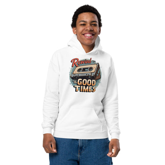 Teen smiling in Off white hoodie with vintage cassette and “Rewind the Good Times” text in retro font ccanvas