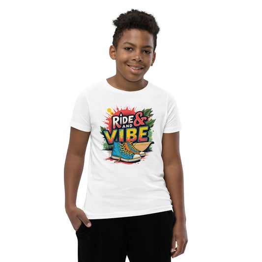 Boy wearing OFF White T-shirt with “Ride & Vibe” graffiti print, high-top shoes and skateboard over colorful splash – ccanvas