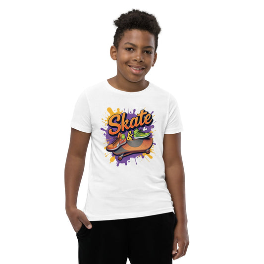 Kid wearing Off white T-shirt with “Skate &” text, sneakers, skateboard, and splash graffiti in purple and orange – ccanvas